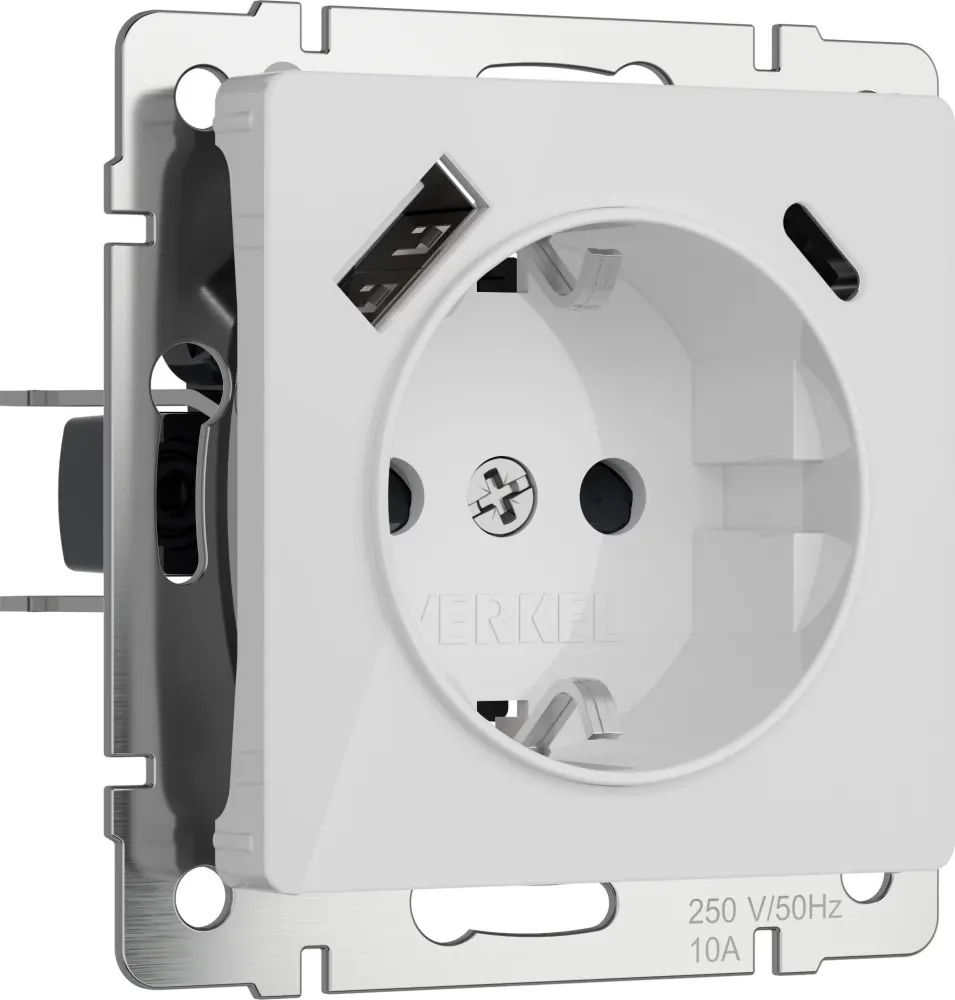 W1171741/ Розетка с заземлением, шторками и USB тип A+C (белый акрил)