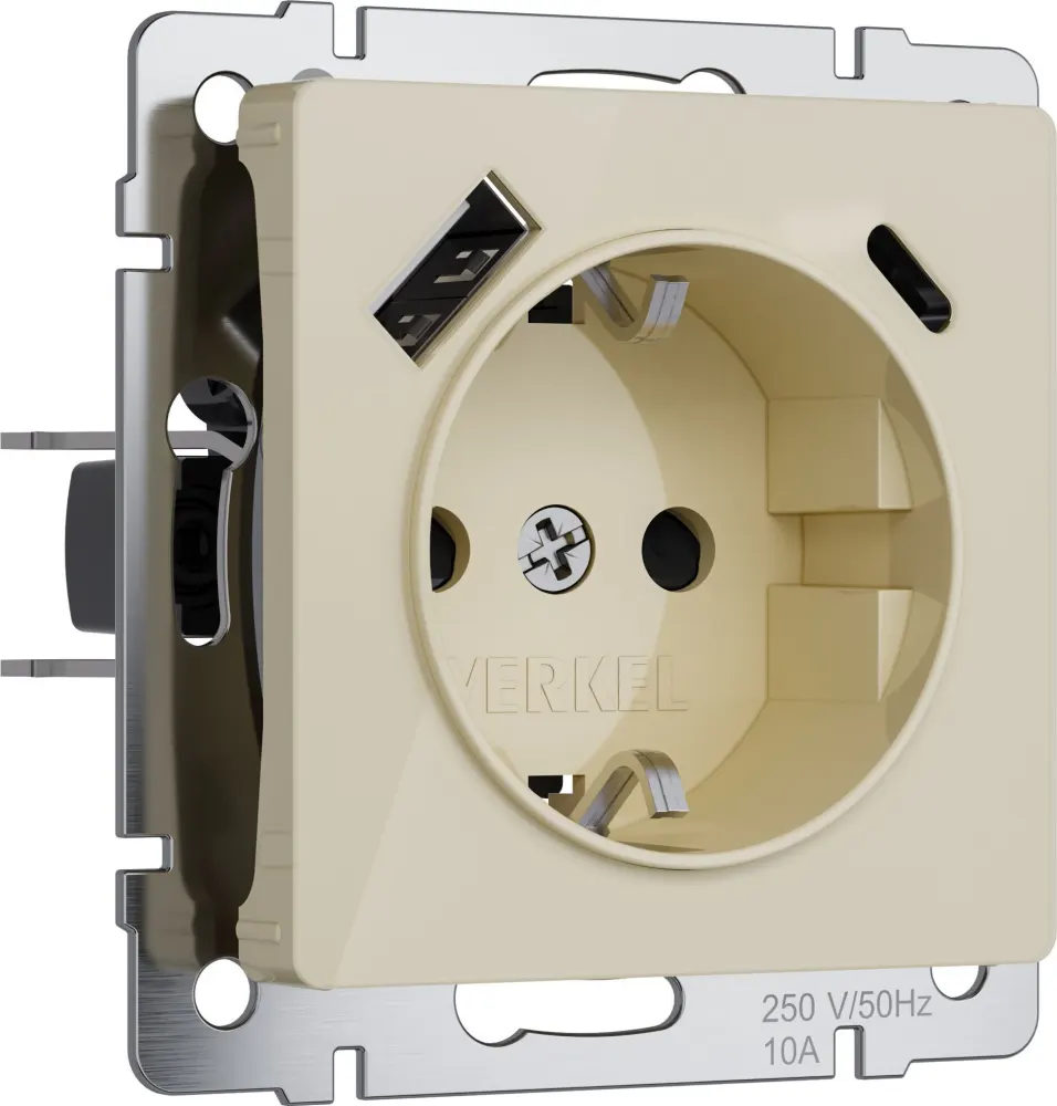 W1171743/ Розетка с заземлением, шторками и USB тип A+C (айвори акрил)