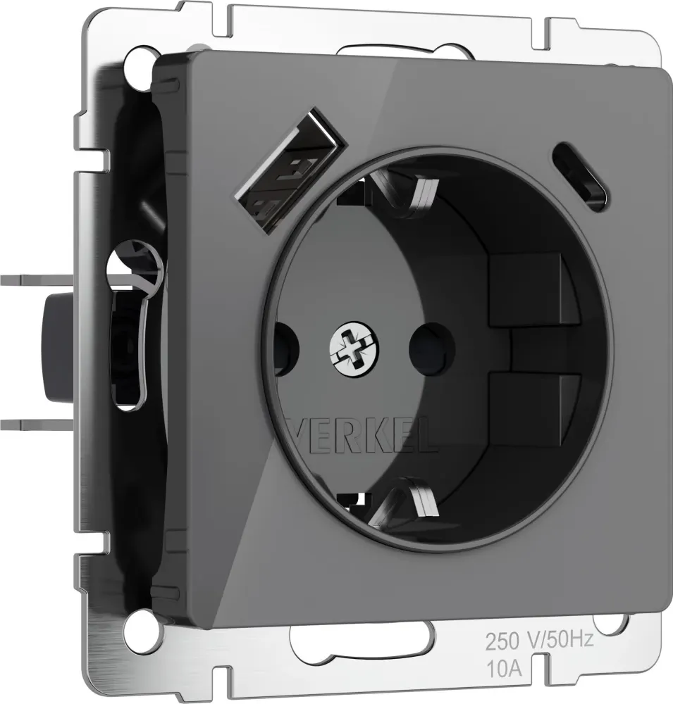 W1171744/ Розетка с заземлением, шторками и USB тип A+C (графит акрил)