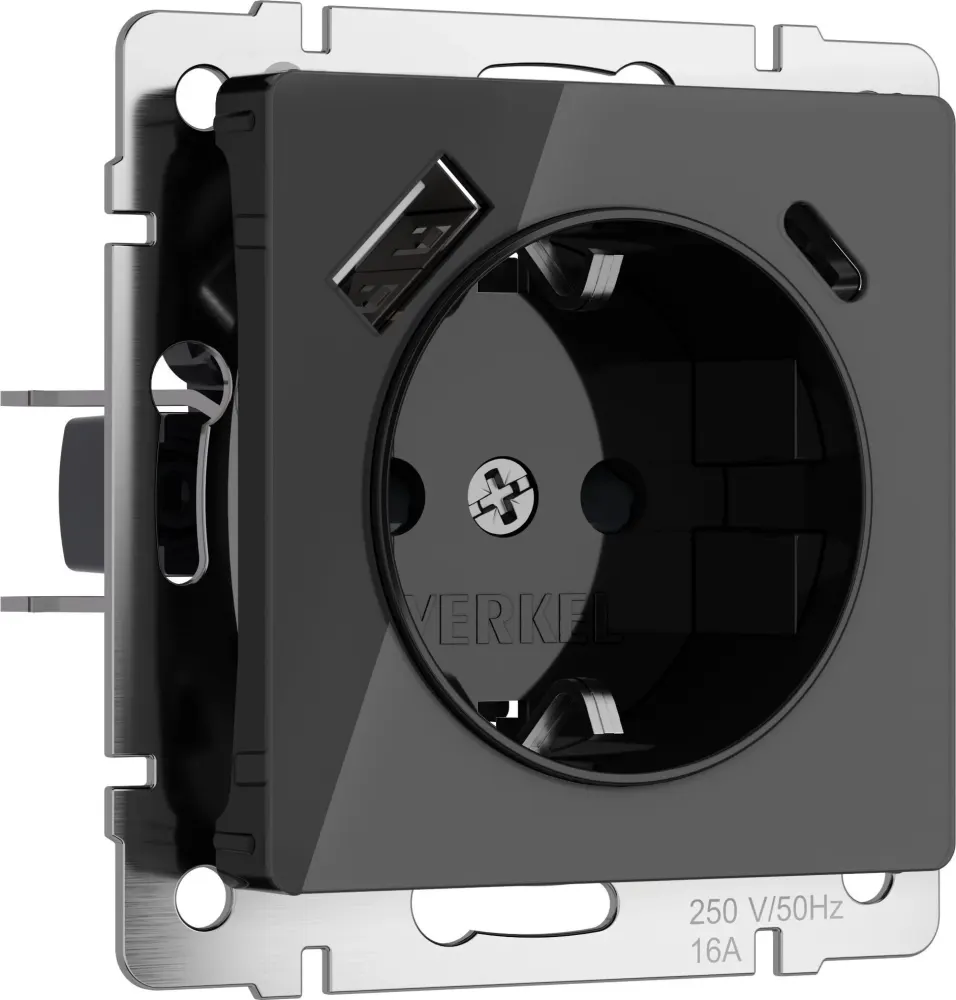 W1171748/ Розетка с заземлением, шторками и USB тип A+C (черный акрил)